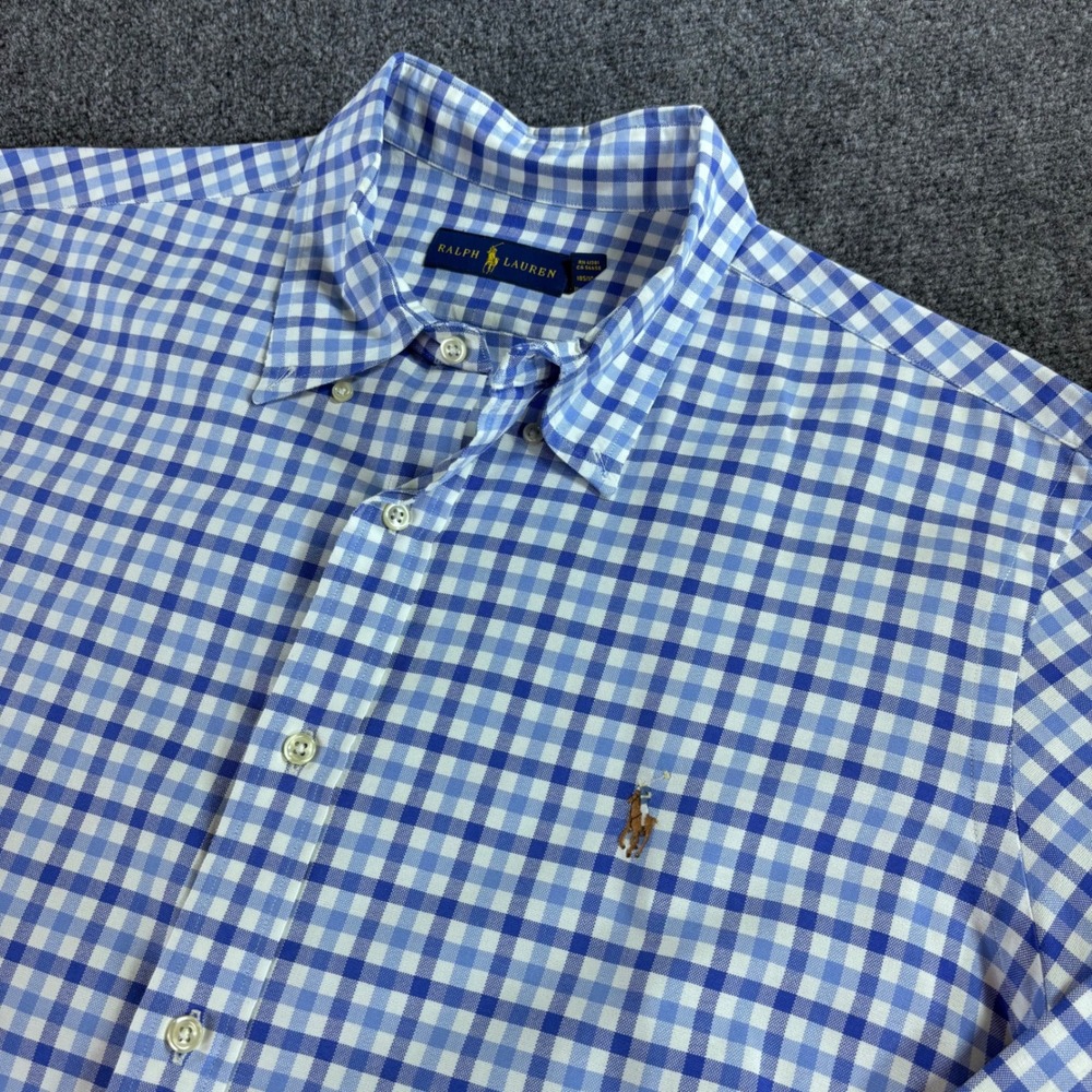 Ralph Lauren Button Down Shirt Mens XL Blue Gingham Cotton Long Sleeve‎ Logo
